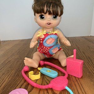 Baby Alive Sweet Tears Doll Brunette Lot-Dress-Bottle Stethoscope Thermometer BA